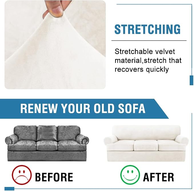H.VERSAILTEX Sofa Cover 4 Piece T Cushion Sofa Slipcovers Thick Velvet Couch Cover Stretch T Cushion Sofa Covers for 3 Cushion Couch with 3 Individual T Cushion Covers, Porcelain White