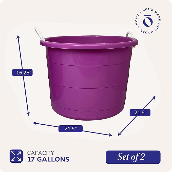 Homz 2 Pack of 17 Gallon Storage Buckets, Durable Plastic Containers, Sturdy Rope Handles, Large Tubs for Sports Equipment, Party Cooler, Gardening, Toys and Laundry, Orchid