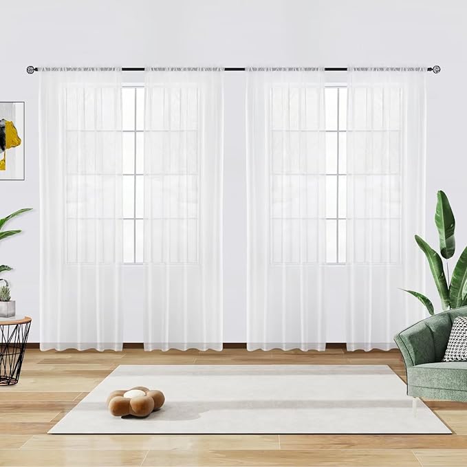 youleyar Solid Sheer Rod Pocket Curtain Voile Draperies 4 Panels White Beige Black Grey Coffee 52 Inch Width 45 Inch Long 1 Pair for Kitchen Bedroom Children Living Room Yard(White,52Wｘ45L)