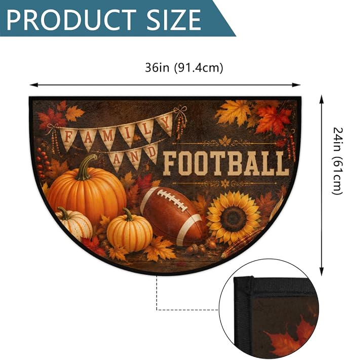 Thanksgiving Half Round Door Mat Outdoor Doormat Bedroom Entrance Rug A8 | Autumn Pumpkin Thanksgiving Semi Moon Door Mat Non-Slip Absorbent Kitchen Rug Indoor Welcome Bath Mat 36" X 24"