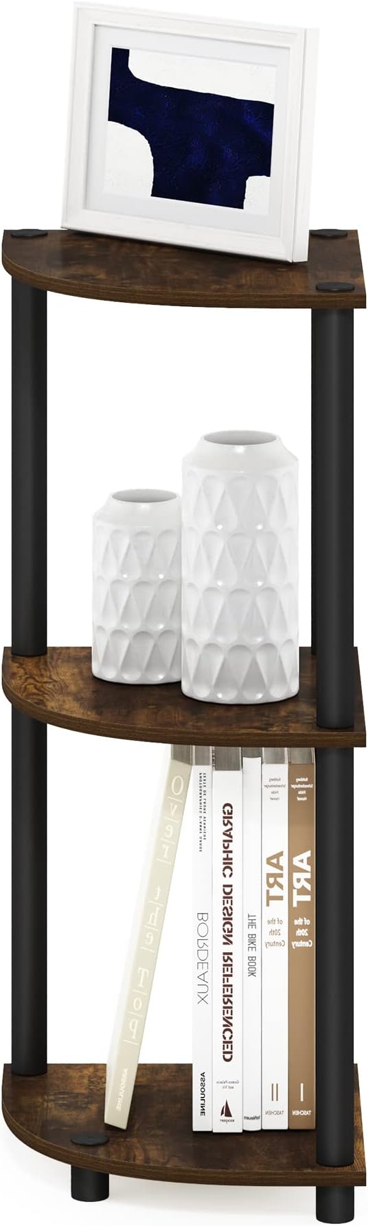 Furinno TURN-N-TUBE Corner Shelf, 3-Tier Corner Bookshelf, Display Storage Shelves with Open Shelves, for Organization and Storage, Living Room, Home Office, Garage, Amber Pine