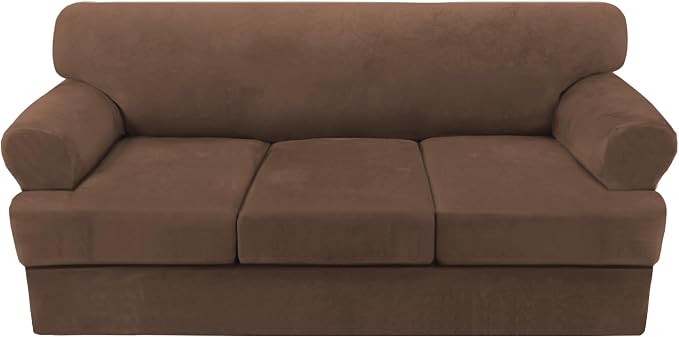 H.VERSAILTEX Sofa Cover 4 Piece T Cushion Sofa Slipcovers Thick Velvet Couch Cover Stretch T Cushion Sofa Covers for 3 Cushion Couch with 3 Individual T Cushion Covers Washable, Caramel Cafe