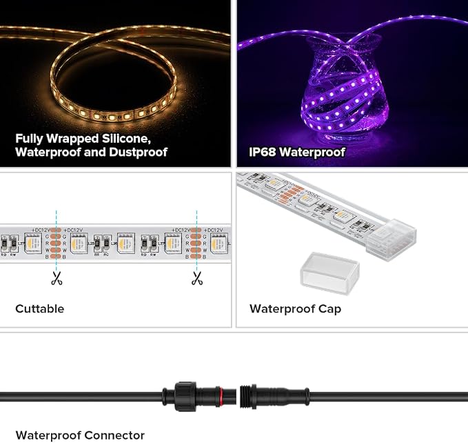 BTF-LIGHTING IP68 Waterproof Outdoor RGBW LED Strip 5050SMD RGB+Warm White(3000K-3500K) 4 Color in 1 DC12V 16.4ft 5m 60LED/m Multi-Colored Light White PCB Can Work Outdoor(No Adapter or Controller)