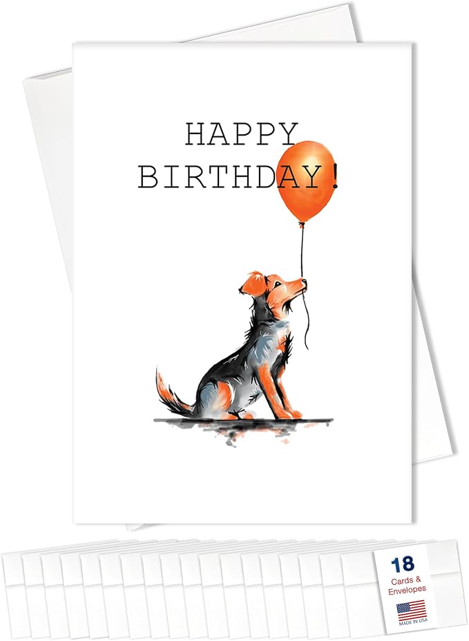 Happy Birthday Cards Bulk Greeting Card Set (Dog Lover) 18 Pack & White Envelopes - 5x7 Inch Birthday Theme for Family, Women, Men, Coworkers & Office (B2401)