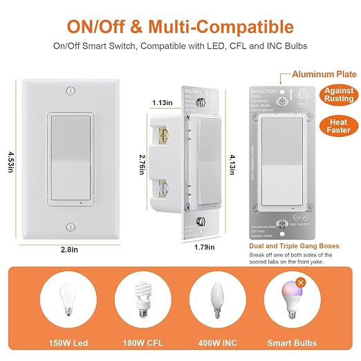EVA LOGIK Smart On/Off Light Switch, WiFi, Single Pole & 3-Way | Smart on/off switch for single pole & 3-way circuits, app and voice control, 2.4GHz WiFi only, neutral wire required