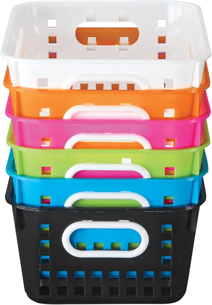 Really Good Stuff Medium Plastic Book Baskets, 11" by 7.5" by 4.5", 6-Pack | Neon Group Colors, Versatile Storage Solution for Classroom, Home, & Office