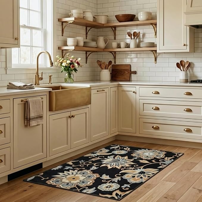 Floral Washable Entry Rug 2x3, Water Resistant Non Slip Ultra Thin Vintage Doormat, Throw Stain Resistant Small Kitchen Rug Indoor, Black Print Boho Cute Carpet, for Bedroom, Entryway, Laundry Room
