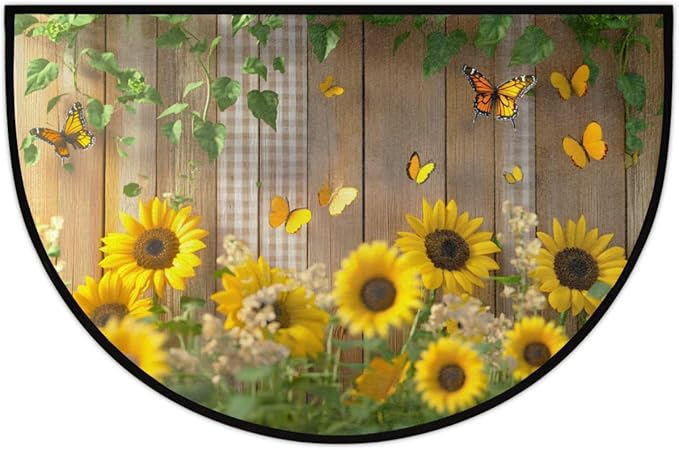 cfpolar Butterfly Sunflower Half Round Door Mat Indoor Entrance Half Circle Area Rug Semi Circular Door Mat Half Moon Rug for Floor Bathroom Living Room Bedroom Kitchen Fireplace 24"x36",A-04