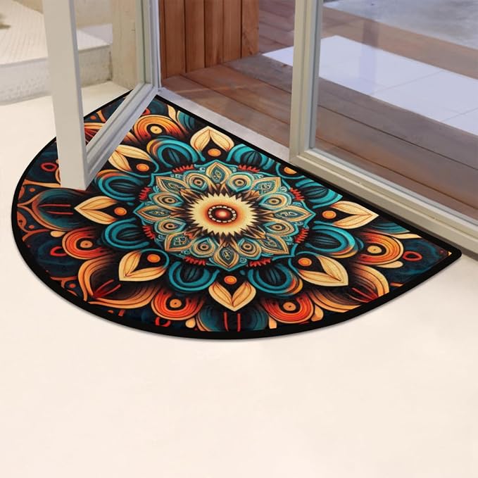 Bohemian Flower Half Round Doormat Boho Floral Washable Semi Circle Area Rug Non Slip Absorbent Half Moon Rug for Indoor Outdoor Bathroom Kitchen Patio Front Welcome Fireplace Hearth Floor Mat