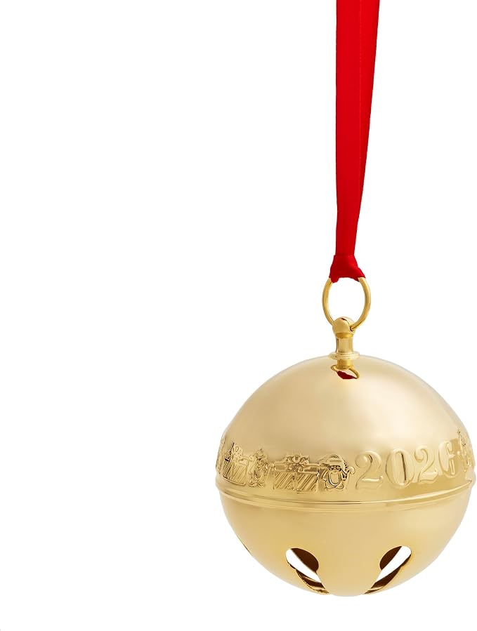 Wallace 2026 Gold-Plated Sleigh Bell Ornament 37th Edition - Penguins and Presents Annual Collectible - Handcrafted Holiday Bell with Gift Box, Velvet Pouch and Ribbon