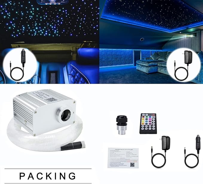 AZIMOM 10W Twinkle Bluetooth RGBW LED Fiber Optic Star Ceiling Light Kit 300pcs 0.75mm 9.8ft Sensory Music Mode APP Remote Control for Indoor Car Interior Decoration