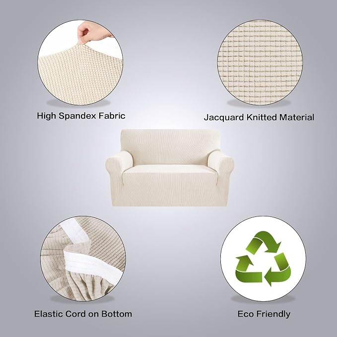 H.VERSAILTEX Stretch Couch Cover Loveseat Covers for 2 Cushion Couch Sofa Cover for Love seat 1 Piece with Elastic Bottom, Textured Checked Jacquard Fabric(Loveseat 58"-70" Wide, Natural)