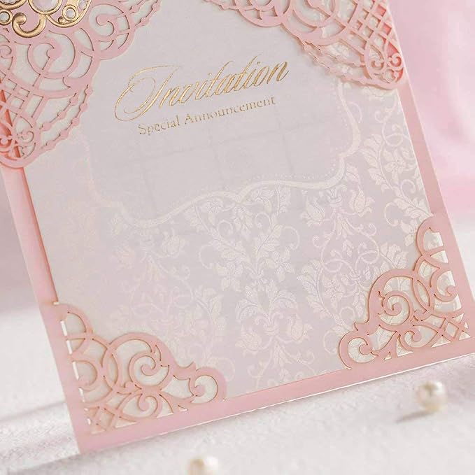 Hosmsua 50PCS Blank Pink Quinceanera Invitations Kit 5x7.3 Inch Laser Cut Floral Gold Crown Pocket Quinceanera Invitation Cards with Envelopes for Birthday Bridal Shower Invite
