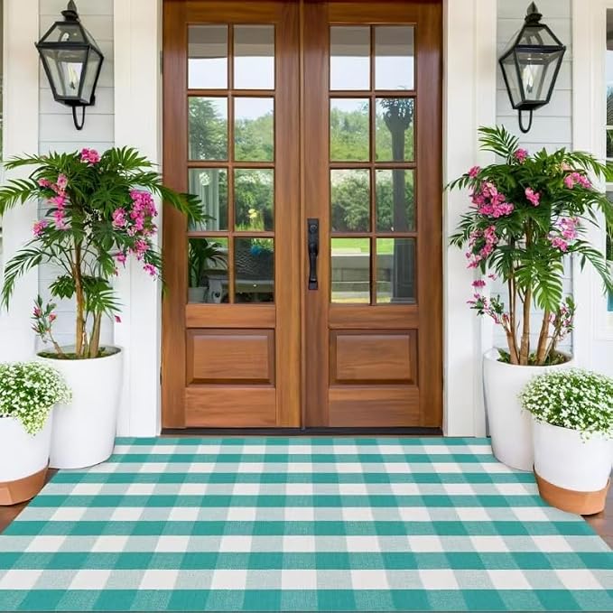 Spring Rugs Green and White Plaid, 4'x6' Area Rug Outdoor Indoor Summer Front Porch Door Mats Cotton Hand-Woven Layered Doormat for Entryway Patio Entryway Laundry Bedroom Living Room