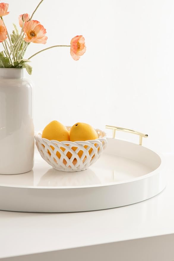 Kate And Laurel Lipton Modern Round Ottoman Tray; 22 Inch Diameter; White and Gold; Decorative Circle Coffee Table Tray for Living Room Decor or Large Serving Tray