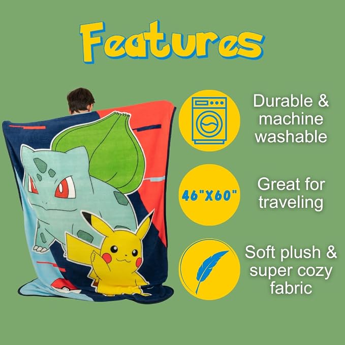 Pokemon Anime Pikachu and Bulbasaur Kids Bedding Super Soft Micro Raschel Throw, 46 in x 60 in, (Official Licensed Product) By Franco