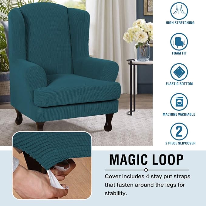 H.VERSAILTEX 2 Piece Stretch Jacquard Wingback Chair Covers Slipcovers Wing Chair Covers (Base Cover Plus Seat Cushion Cover) Furniture Covers for Wingback Chairs, Form Fitted Thick Soft, Deep Teal