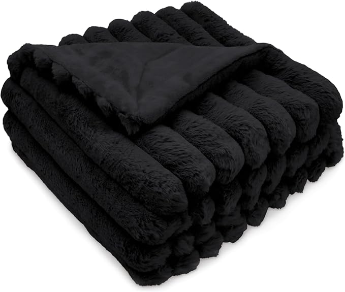 DEZ FURNISHINGS Luxury Reversible Textured Stripe Faux Fur & Velvet Throw Blanket, Twin (66" x 90"), Black