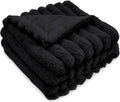 DEZ FURNISHINGS Luxury Reversible Textured Stripe Faux Fur & Velvet Throw Blanket, Twin (66" x 90"), Black
