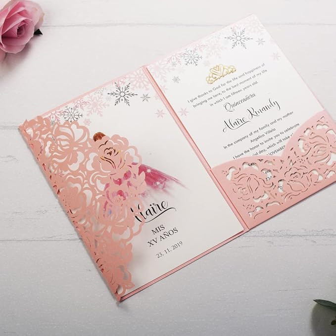 50PCS Pink Blank Quinceanera Invitation Cards with Envelopes 5x7.3 Inch Laser Cut Hollow Rose Pocket with Ribbon invitations for Quincenera Birthday Invite