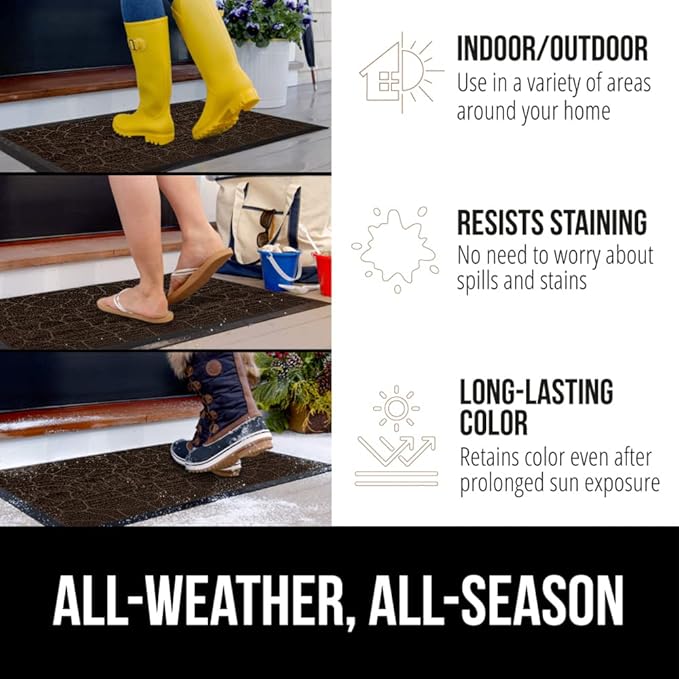 GORILLA GRIP 100% Waterproof All-Season WeatherMAX Doormat, 47x35, US Designed Natural Rubber, Stain and Fade Resistant, Low Profile Indoor Outdoor Door Mats, Easy Clean Patio Mat, Dark Brown Pebble