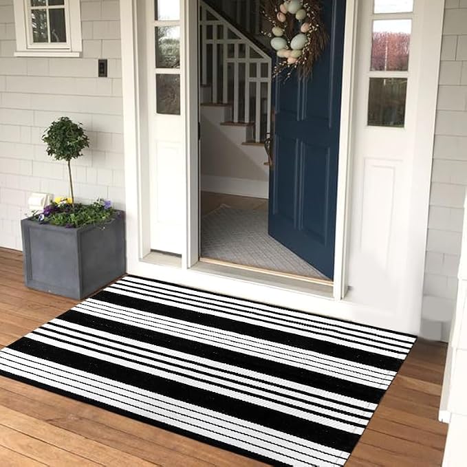 OJIA Black and White Outdoor Rug 3x5, Front Door Mat Patio Rugs Porch Decor | Cotton Woven Striped Rug Machine Washable Entryway Rug Indoor Outside Area Rug Front Door Mat for Farmhouse/Home Entrance
