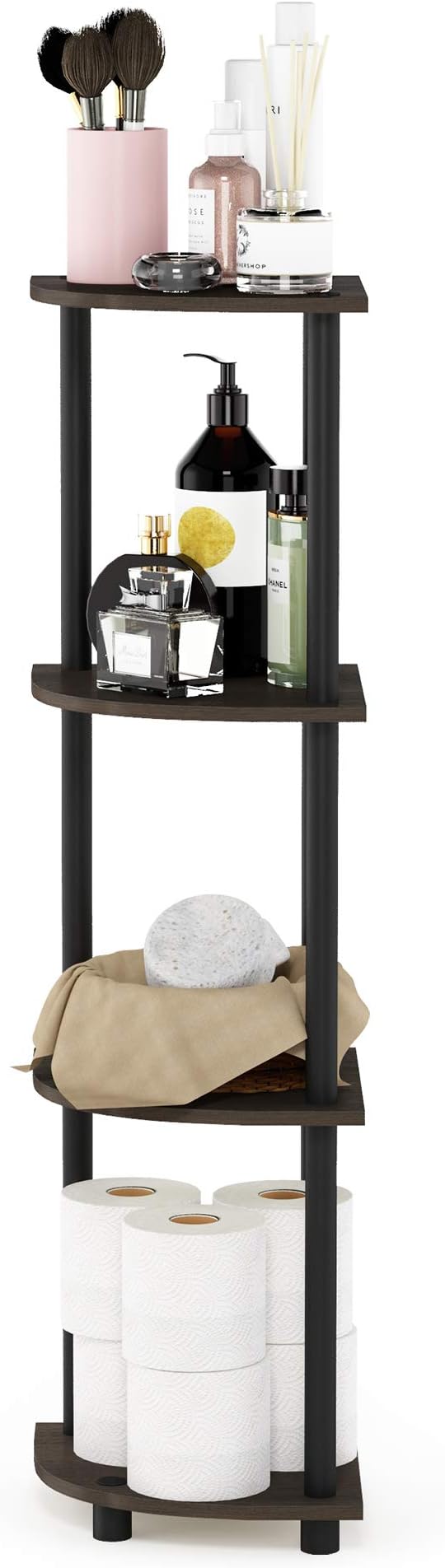 Furinno Turn-N-Tube Toolless Assembly 4-Tier Corner Shelf, Black Corner Book Shelf, Open Shelves Bookshelf, for Organization and Storage, Living Room, Home Office, Bedroom, Brown Grain