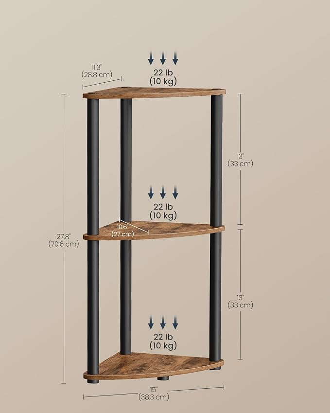 SONGMICS HOME Superfast Toolless Assembly, Corner Shelf Stand, 3-Tier Corner Standing Shelf, Living Room, Bedroom, Kitchen, 15 x 10.6 x 27.8 Inches, Rustic Brown ULBC620K01