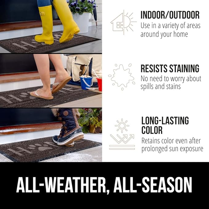 GORILLA GRIP 100% Waterproof All-Season WeatherMAX Doormat US Designed Natural Rubber, Stain and Fade Resistant, Low Profile Indoor Outdoor Door Mats, Easy Clean Patio Mat, Espresso Home Paw