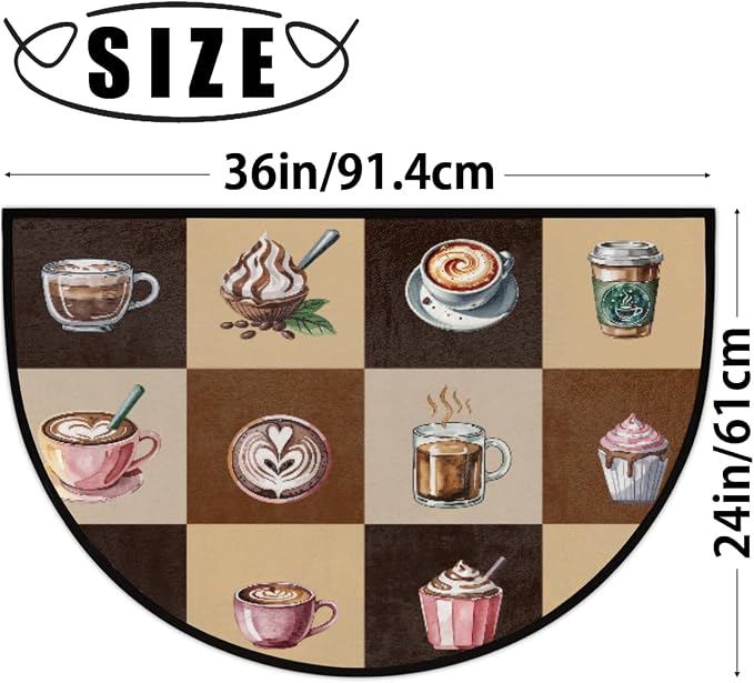 Coffee Half Round Doormat Non-Slip Semi Circle Rug Half Moon Mat | Brown Cup Washable Soft Absorbent Indoor Outdoor Entrance Kitchen Bathroom Sink Patio Welcome Fireplace Floor Rug