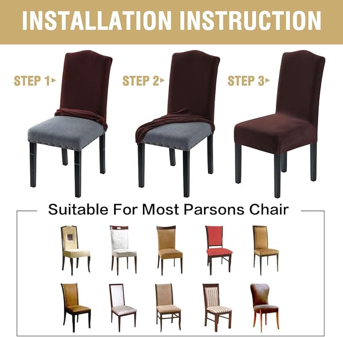 H.VERSAILTEX Velvet Dining Chair Covers Stretch Chair Covers for Dining Room Set of 4 Parson Chair Slipcovers Chair Protectors Covers Dining, Soft Thick Solid Velvet Fabric Washable, Brown