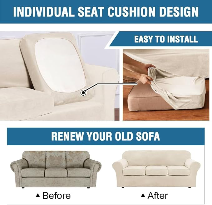 H.VERSAILTEX High Stretch Sofa Slipcover 4 Piece Cover Velvet Furniture Protector Form Fit Thick Velvet Extra Large Sofa Cover for 3 Cushion Couch Width Up to 97 Inch (Large Sofa, Cream)