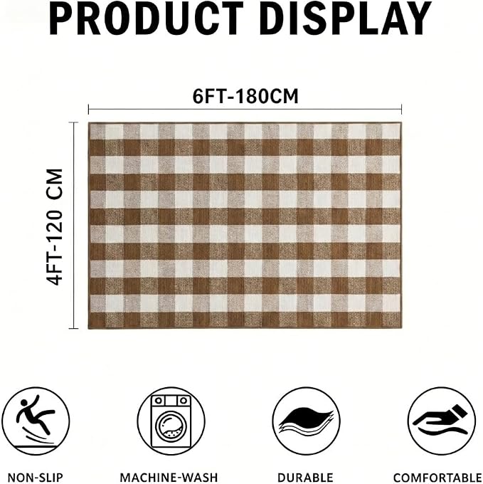 SEEKSEE Buffalo Plaid Rug 4' x 6' Coffee and White Large Front Door Mat, Layering Area Rug, Fall Rug for Outdoor Patio Entryway Indoor Living Room Kitchen Dining Room Decor