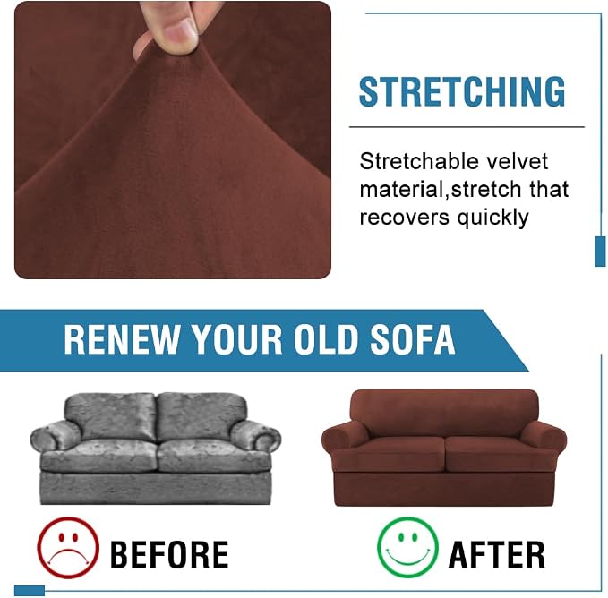 H.VERSAILTEX Sofa Cover 3 Piece T Cushion Sofa Slipcovers Thick Velvet Couch Cover Stretch T Cushion Sofa Covers for 2 Cushion Couch with 2 Individual T Cushion Covers, Burnt Brick