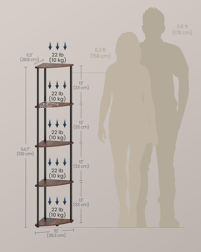 SONGMICS HOME Superfast Toolless Assembly, Corner Shelf Stand, 5-Tier Corner Standing Shelf, Living Room, Bedroom, Kitchen, 15 x 10.6 x 54.7 Inches, Somber Walnut ULBC610K02