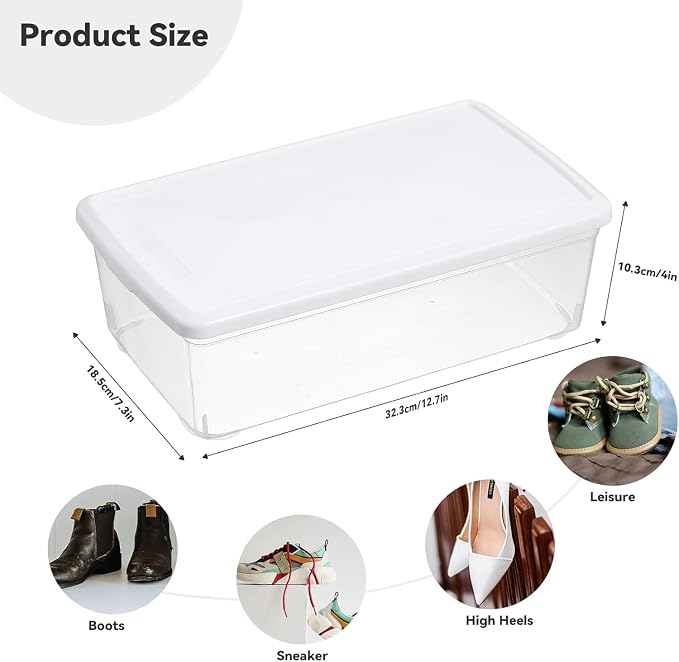 novelinks 8 Pack 6QT Plastic Storage Bins with Lids, Shoe Boxes (White) | Clear Shoe Storage Boxes, Shoe Boxes Clear Plastic Stackable, Shoe Bins, Shoe Containers, Craft Organizers and Storage
