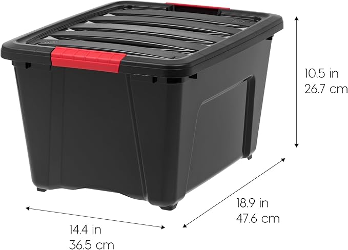 IRIS USA 6-Pack 32 Quart Storage Bins with Lids, Black | Black finish conceals stored items. Great for linens, décor, closet storage, and supplies. Nestable design saves space