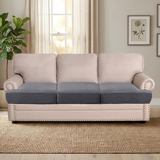 H.VERSAILTEX Stretch 3 Piece T Cushion Sofa Slipcovers Individually Sofa Cushion Covers for 3 Cushion Couch Sofa Seat Cushion Covers with Elastic Bands Featuring Thicker Jacquard Fabric, Gray