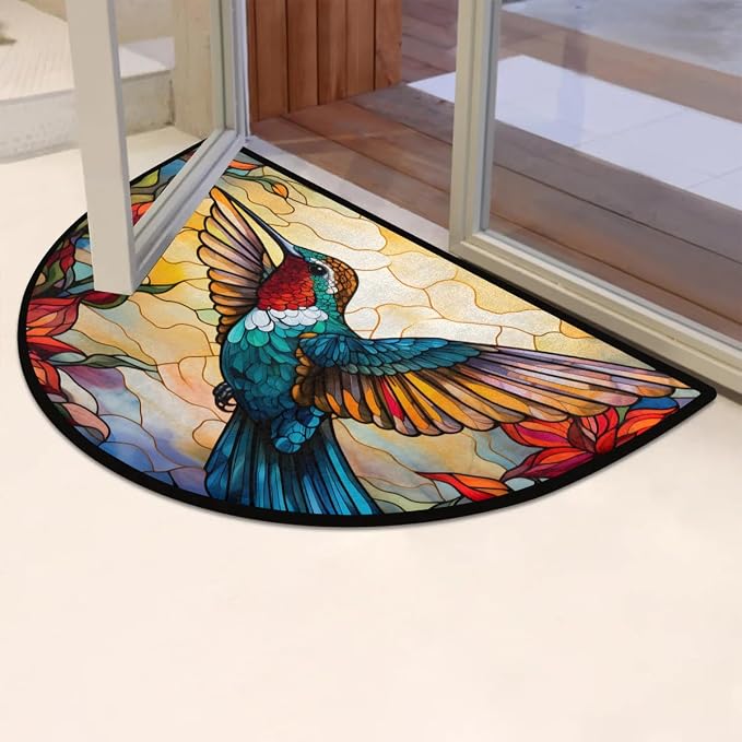 Hummingbird Stained Glass Window Half Round Door Mat, Non-Slip Entrance Welcome Mat for Indoor Semi Circle Bathroom Floor Rugs Outdoor Mats House Heavy Duty Doormat for Kitchen Living Room 36x24 Inch