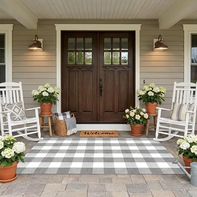Buffalo Plaid Rug 3' x 5' Grey and White Front Door Mat Reversible Layered Porch Rug Washable Hand Woven Cotton Area Rug for Indoor Outdoor Entryway Patio Porch Decor