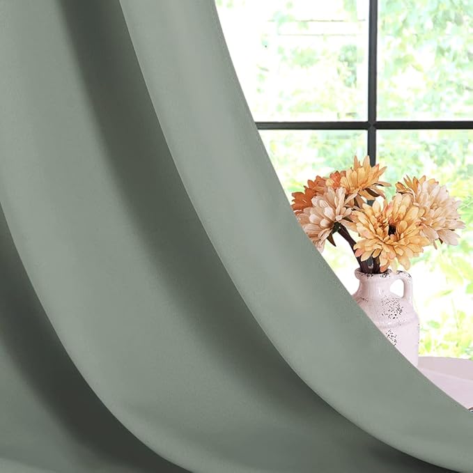 NICETOWN Sage Green Blackout Curtains Panels for Bedroom, 2 Panels, 52 x 92 Inch, 3 Pass Microfiber Noise Reducing Thermal Insulated Solid Ring Top Blackout Window Drapes