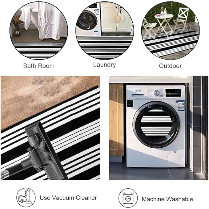 OJIA Black and White Striped Outdoor Rug 24"x51" Front Door Mat Porch Rugs | Washable Fall Front Door Mat Outside Entrance Entry Rug Doormat Outside Cotton Woven Indoor Area Rugs for Entryway Decor