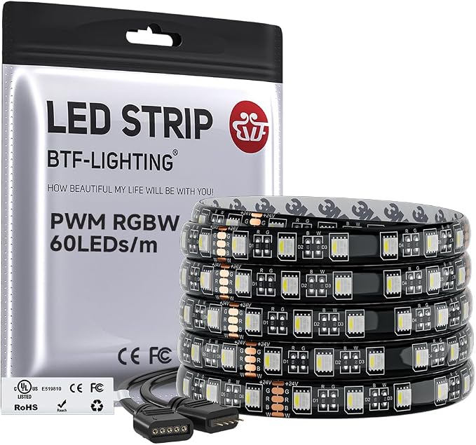 BTF-LIGHTING RGBW LED Strip Lights,UL Listed,5050 4 Colors in 1 RGB + 6000K-7000K Cool White,24V DC,16.4ft/5m 60LEDs/m 12mm Black PCB, IP65 Waterproof for Home Decoration(No Adapter or Controller)