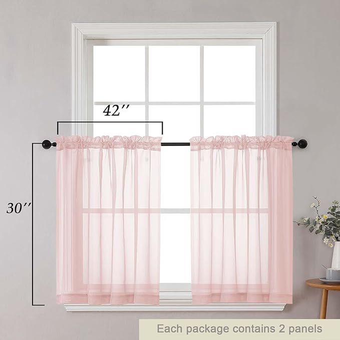 Blush Kitchen Curtains 30 Inch Length Tier 2 PCS, Solid Soft Airy Half Curtains - Image 2