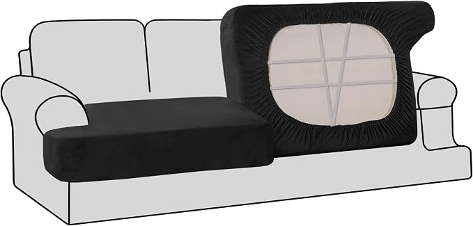 H.VERSAILTEX Stretch Velvet 2 Piece T Cushion Sofa Slipcovers Individually Sofa Cushion Covers for 2 Cushion Couch Seat Cushion Covers for Sofa Seat Cushion Covers Stay in Place (Sofa, Black)