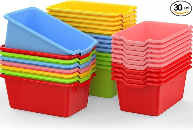30 Pcs Plastic Book Bins Classroom Small Cubby Bins Stacking Containers Office Kids Storage Container Desk Organizer Basket for Home Nursery Playroom Classroom (30)
