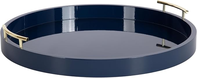 Kate And Laurel Lipton Modern Round Ottoman Tray; 22 Inch Diameter; Navy and Gold; Decorative Circle Coffee Table Tray for Living Room Decor or Large Serving Tray