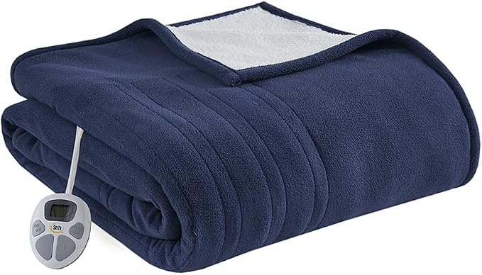 Serta Heated Blanket Twin - Reversible Fleece Heating Blanket, Indigo | Dual-Layer Heated Throw Blanket With 5 Heat Settings & Auto Shut Off, Machine Washable, ETL Certified