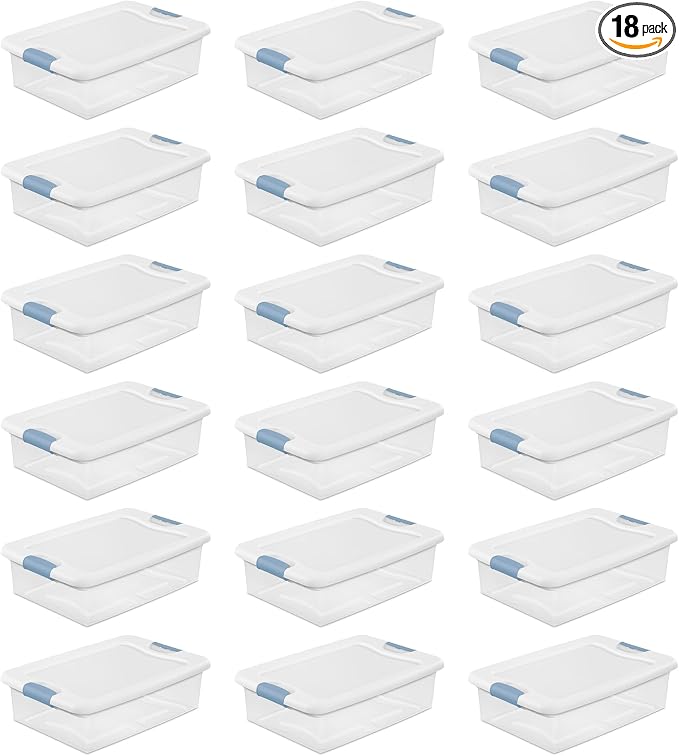 Sterilite Latching Box with Lids for Home and Office, 32 Quart, 18-Pack | Heavy-Duty and Stackable Plastic Containers with Latches for Closet, Cabinet, Bedroom, Bathroom and Dorm Room Organization