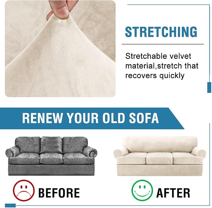 H.VERSAILTEX Sofa Cover 4 Piece T Cushion Sofa Slipcovers Couch Cover Furniture Protector Stretch T Cushion Sofa Covers for 3 Cushion Couch with 3 Individual T Cushion Covers, Ivory
